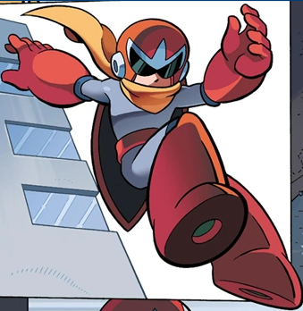 an illustration from the megaman archie comics that depicts the character protoman jumping from a building. protoman is a humanoid robot, having a grey bodysuit, a yellow scarf, and red armor. he wears a helmet with a sunglasses like visor that obsures his eyes. the background around him is of a skyscraper.